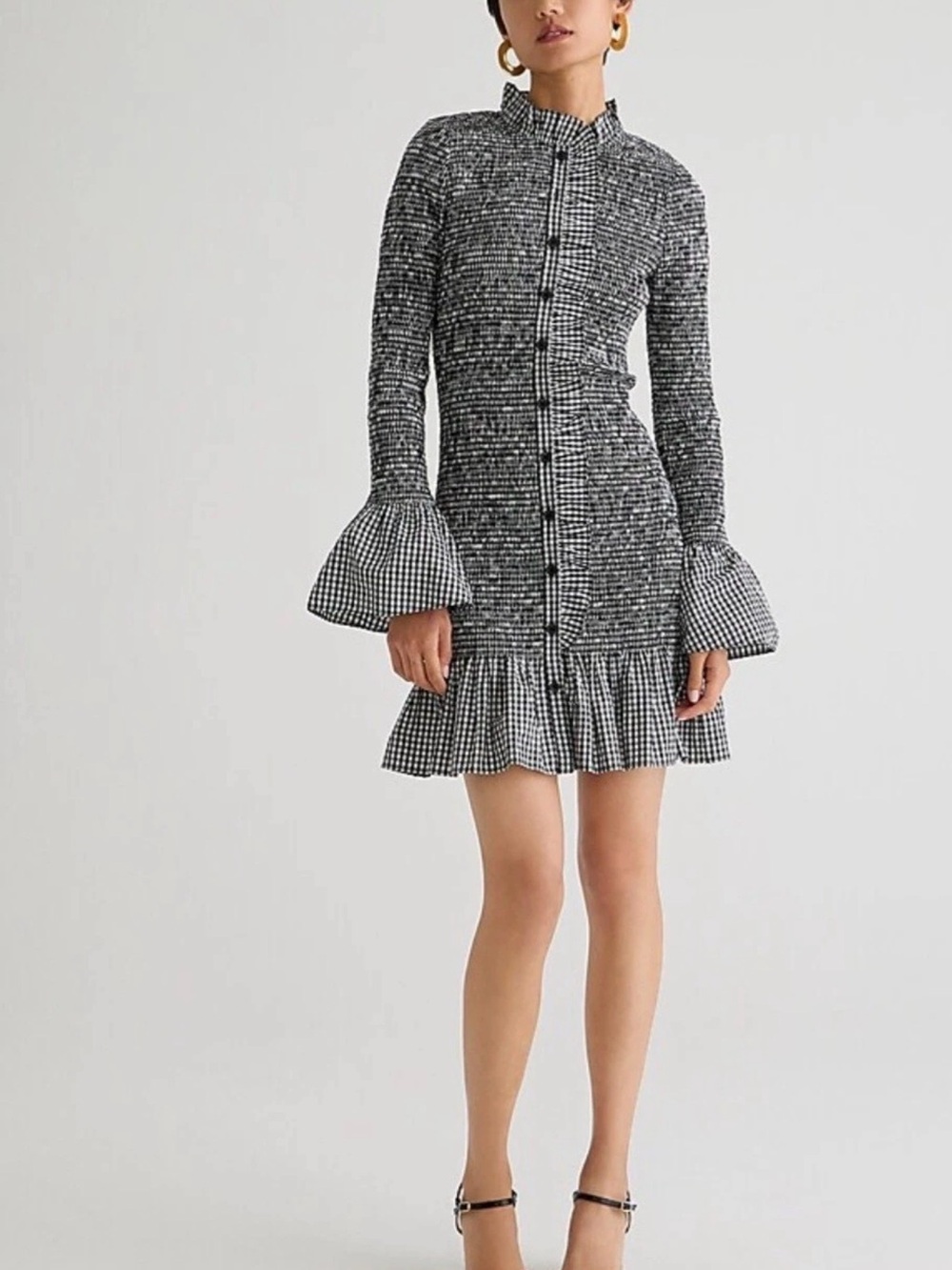 J.CREW Smocked Dress Gingham Black White Long Sleeve Ruffle Cotton Women’s Sz M